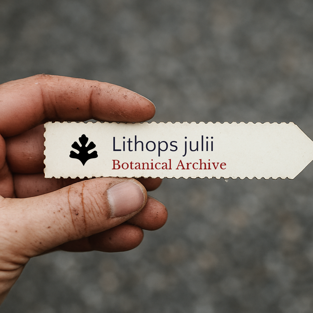 Étiquette de plante imprimée pour Lithops julii avec le logo Botanical Archive tenue en main