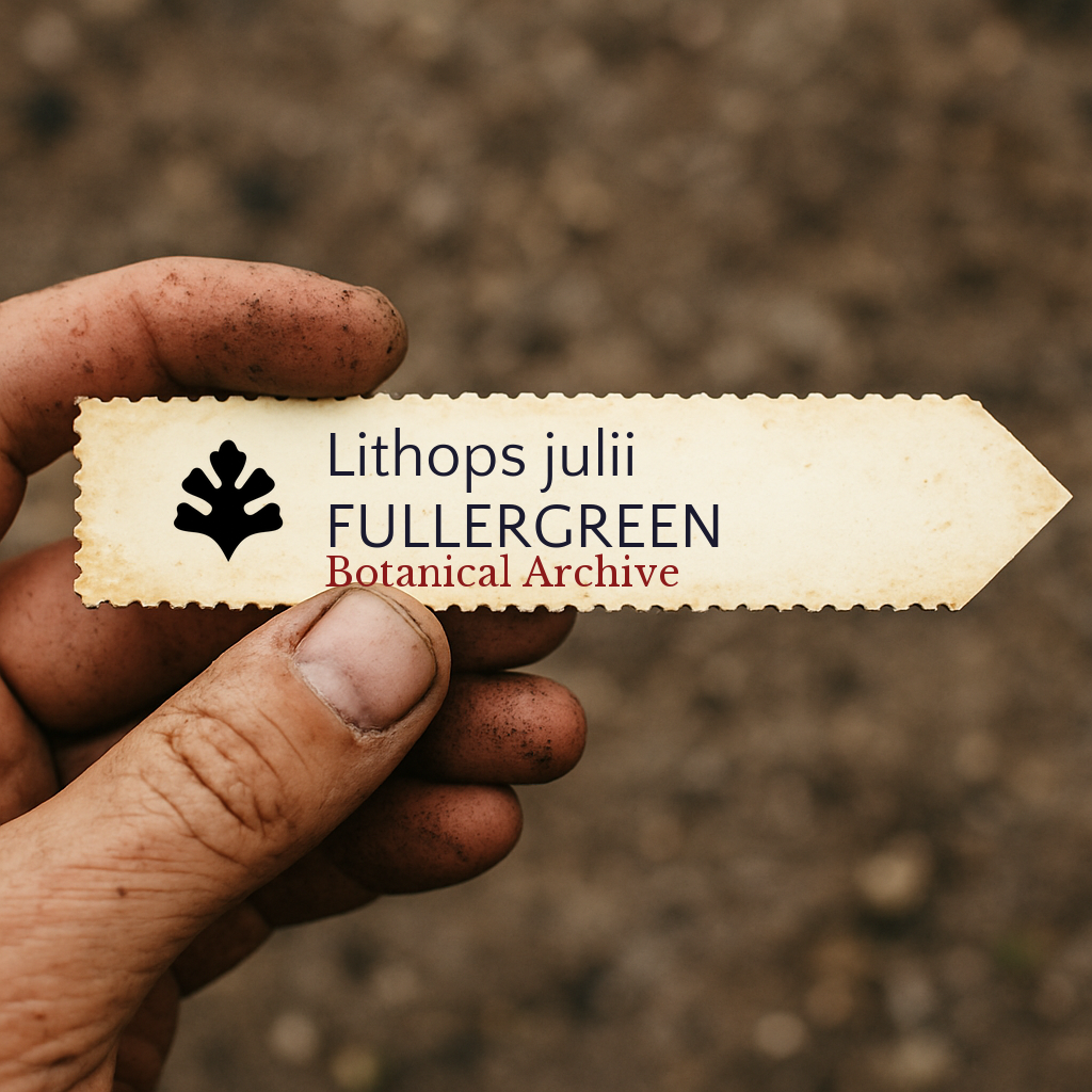 Etichetta stampata per pianta di Lithops julii tenuta in mano con sfondo di terreno