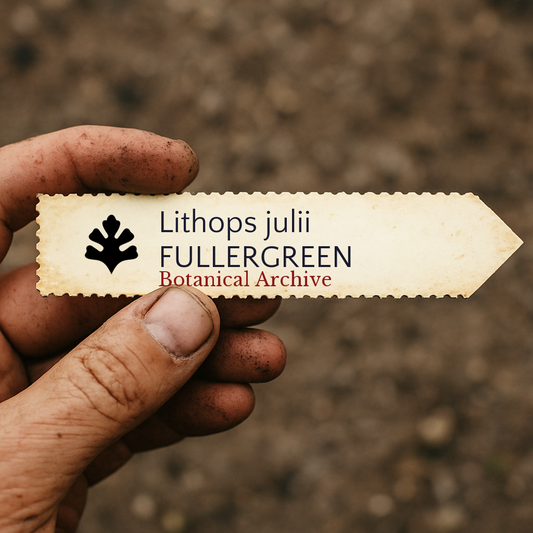 Etichetta stampata per pianta di Lithops julii tenuta in mano con sfondo di terreno