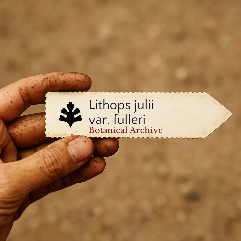 Etichetta stampata per pianta Lithops julii var. fulleri tenuta da mano sporca all'aperto