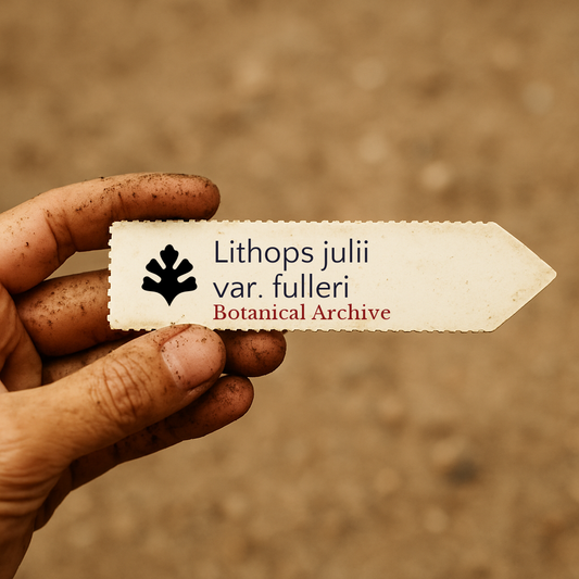 Etichetta stampata per pianta Lithops julii var. fulleri tenuta da mano sporca all'aperto