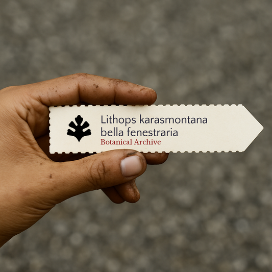 Etichetta per piante stampata per Lithops karasmontana bella fenestraria tenuta in mano con sfondo di terra