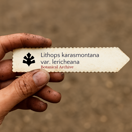 Etichetta stampata per pianta di Lithops karasmontana var. lericheana tenuta da una mano sporca all'aperto
