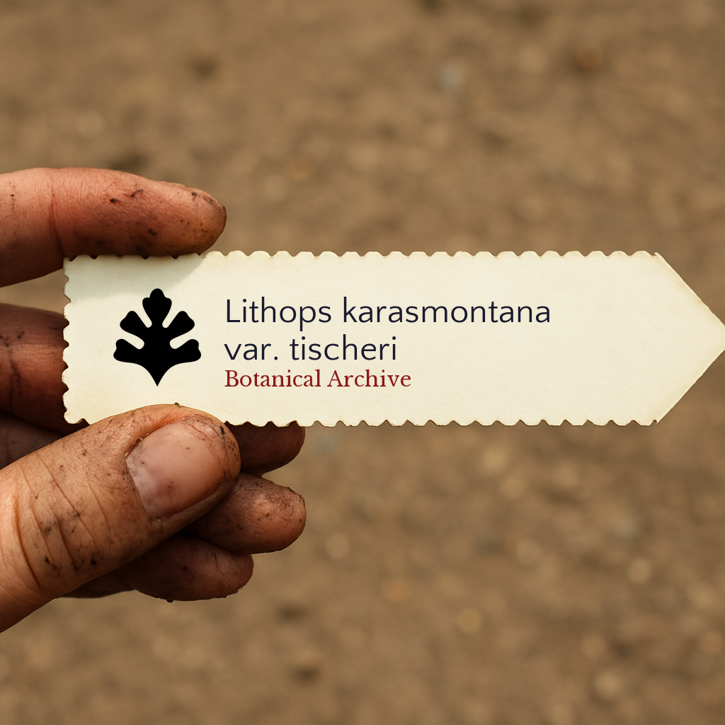 Gedrucktes Pflanzenetikett für Lithops karasmontana var. tischeri, gehalten von schmutziger Hand im Freien