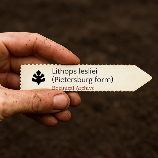 Etichetta piantina stampata per Lithops lesliei (forma Pietersburg) su sfondo di terreno