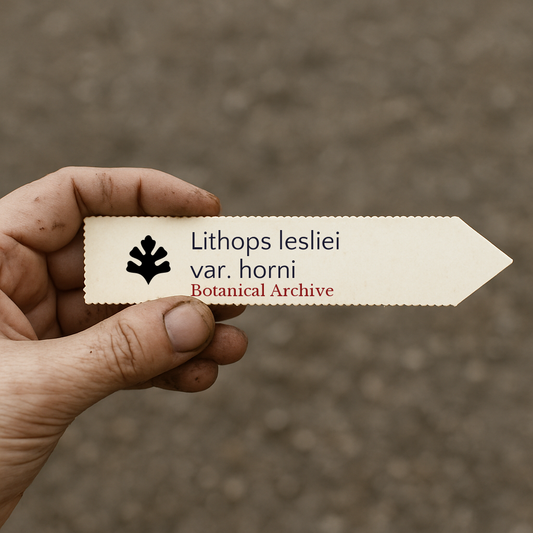Etichetta stampata per pianta di Lithops lesliei var. horni tenuta a mano con sfondo di terra