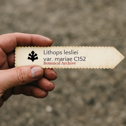 Etichetta per pianta stampata per Lithops lesliei var. mariae tenuta a mano con sfondo di terra