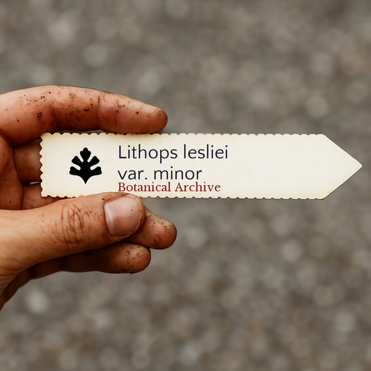 Etichetta per pianta stampata per Lithops lesliei var. minor tenuta da mano sporca all'aperto