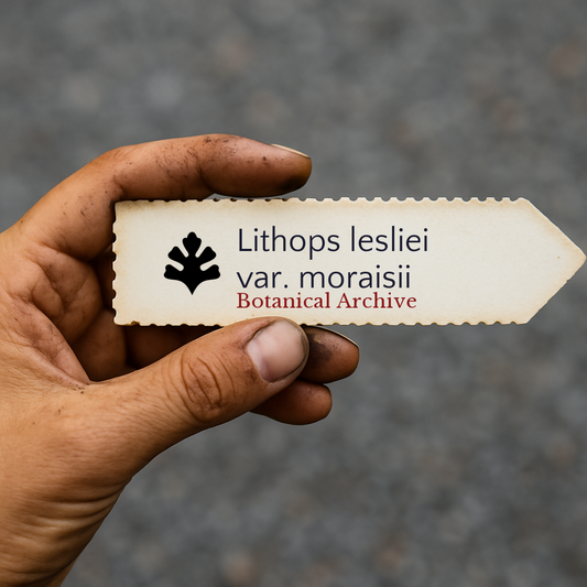 Etichetta stampata per pianta di Lithops lesliei var. moraisii tenuta a mano con terra sulle dita