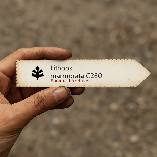 Etichetta per pianta stampata per Lithops marmorata tenuta a mano con sporco sulle dita