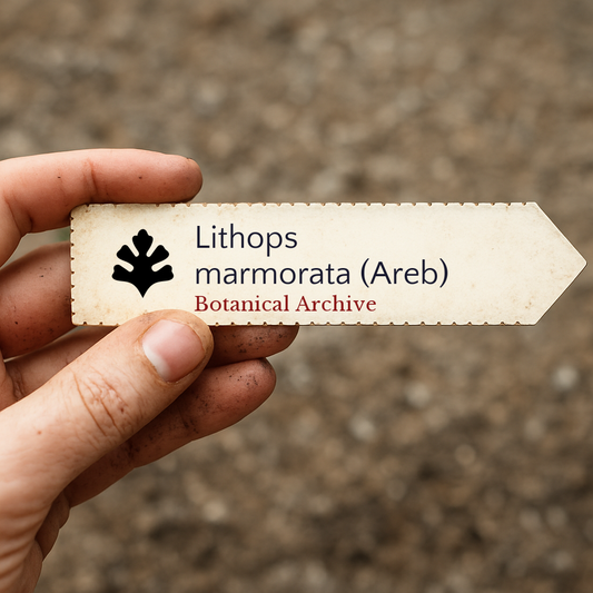 Etichetta stampata per pianta Lithops marmorata (Areb) tenuta all'aperto con terra sulle dita