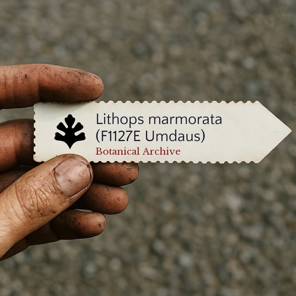 Printed plant label for Lithops marmorata with Botanical Archive logo held by dirty hand