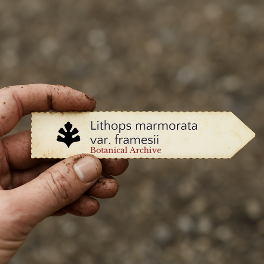 Etichetta stampata per pianta di Lithops marmorata var. framesii tenuta da mano sporca all'aperto