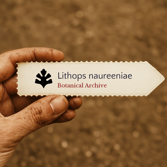 Etichetta stampata per pianta Lithops naureeniae con logo Botanical Archive tenuta a mano