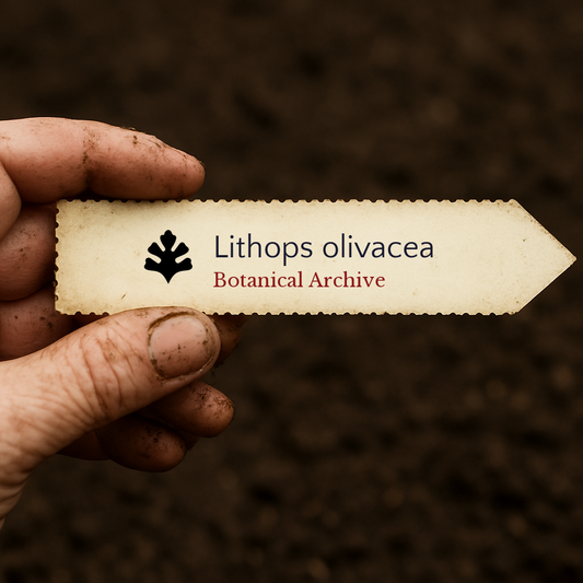 Etichetta per pianta stampata per Lithops olivacea su sfondo di terreno