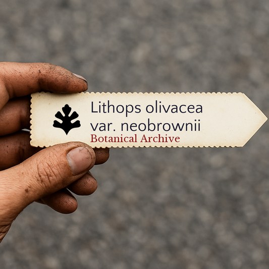 Etichetta per pianta stampata per Lithops olivacea var. neobrownii tenuta a mano con terra sulle dita