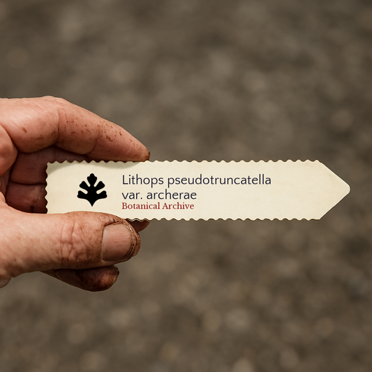 Etichetta stampata per pianta Lithops pseudotruncatella var. archerae tenuta in mano con sfondo di terra