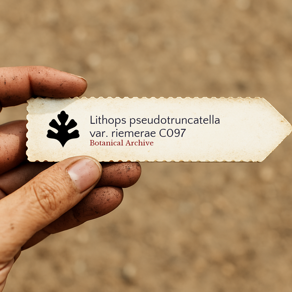 Etichetta stampata per pianta di Lithops pseudotruncatella var. riemerae tenuta da mani sporche all'aperto