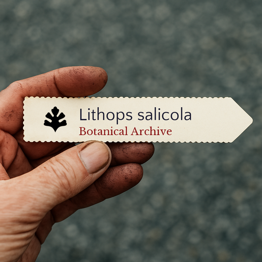 Etichetta vegetale stampata per Lithops salicola tenuta a mano con terra sotto le unghie