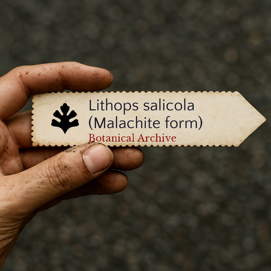 Etichetta per piante stampata per Lithops salicola tenuta in mano con terra sulle dita