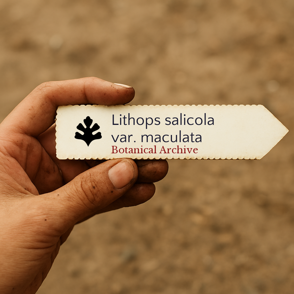 Etichetta stampata per pianta Lithops salicola var. maculata tenuta in mano su sfondo di terreno