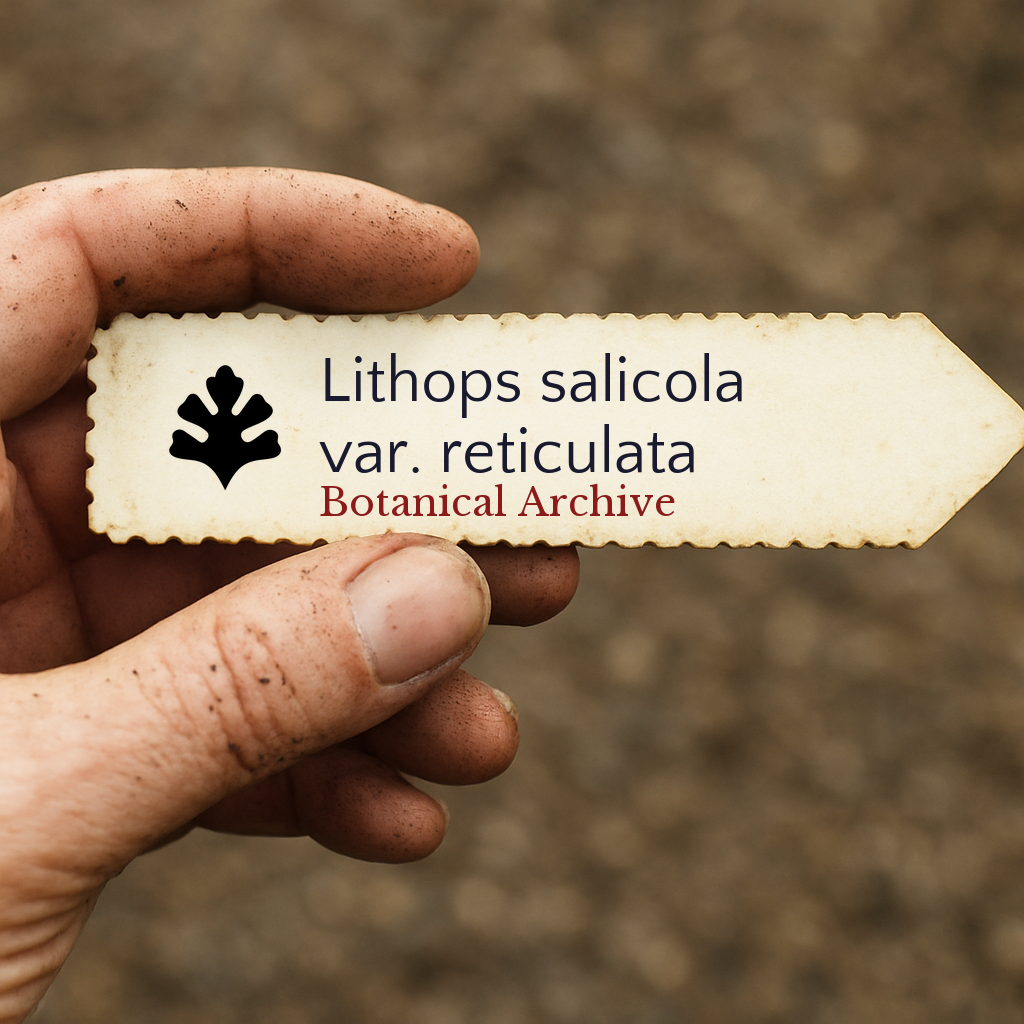 Etichetta stampata per pianta di Lithops salicola var. reticulata tenuta da mano sporca all'aperto