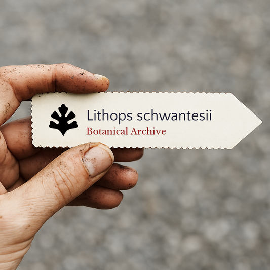 Etichetta vegetale stampata per Lithops schwantesii tenuta da una mano sporca all'aperto