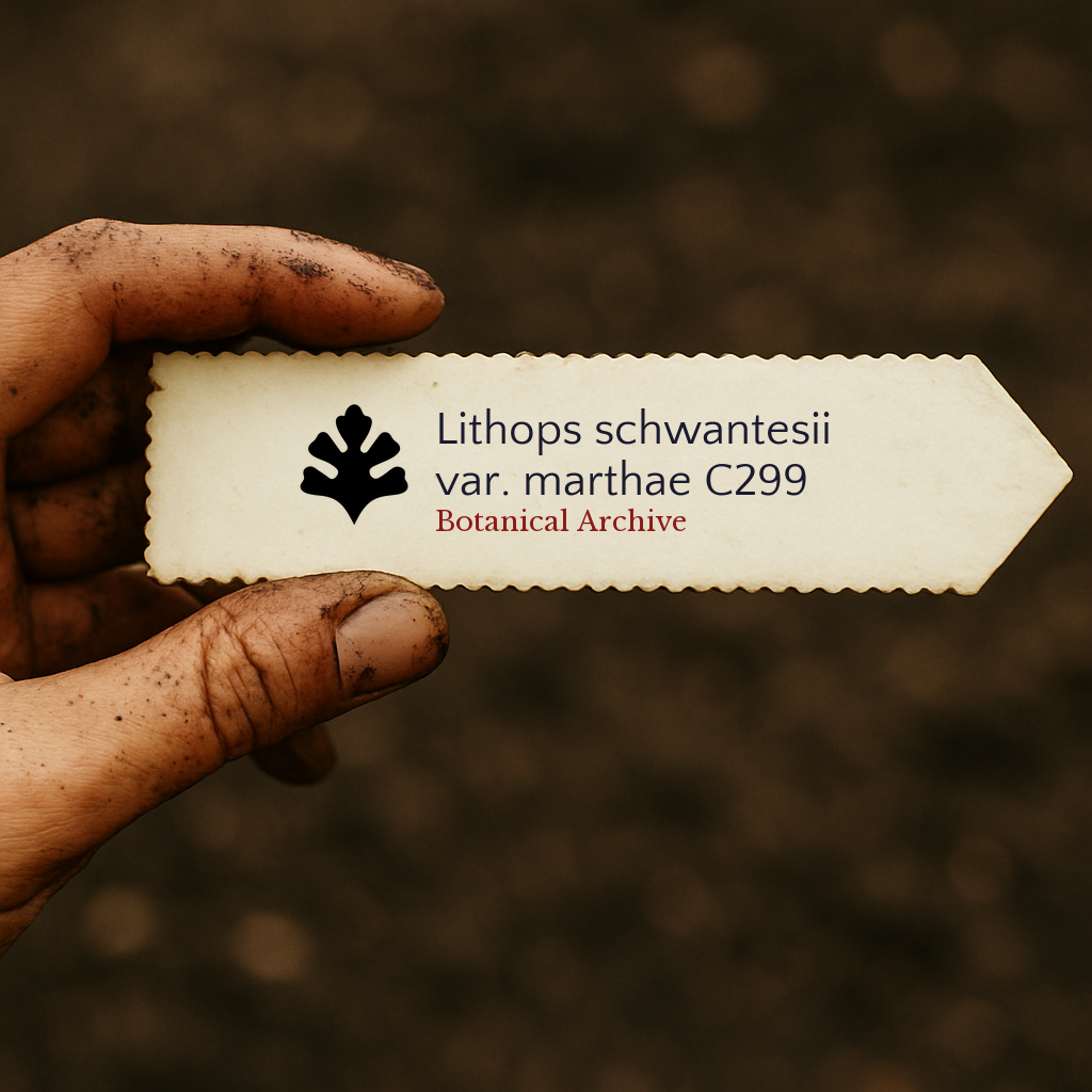 Etichetta stampata per pianta Lithops schwantesii var. marthae nella mano di un giardiniere con sfondo di terreno