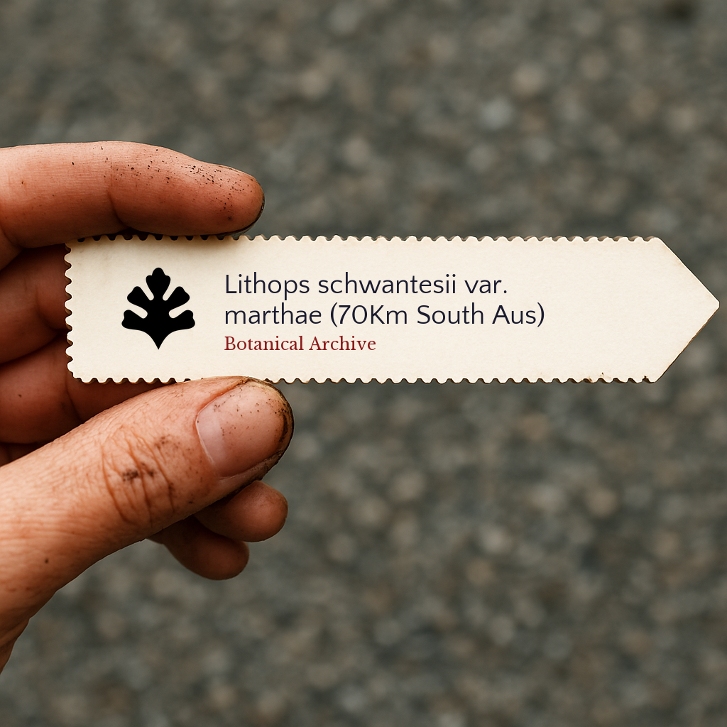 Etichetta stampata per pianta Lithops schwantesii var. marthae tenuta a mano con sfondo di terra