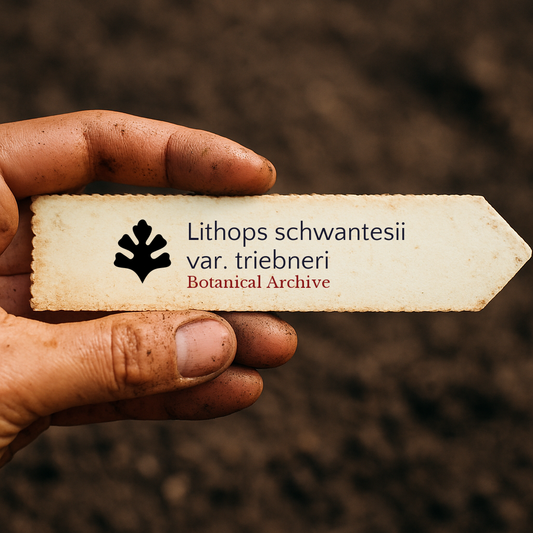 Etichetta per pianta stampata per Lithops schwantesii var. triebneri tenuta da mano sporca su sfondo di terreno