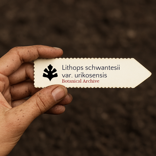 Etichetta per pianta stampata per Lithops schwantesii var. urikosensis su sfondo di terreno