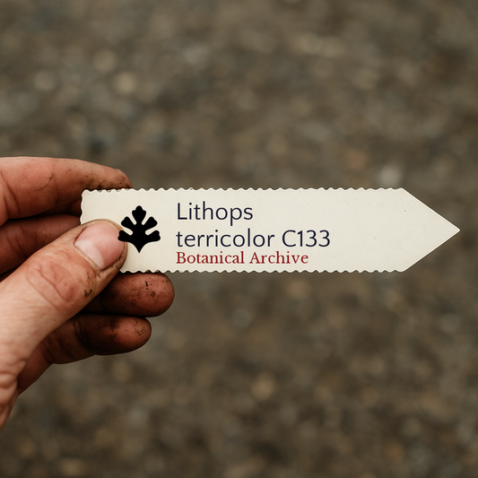 Etichetta stampata per pianta Lithops terricolor C133 tenuta in mano con sfondo di terreno