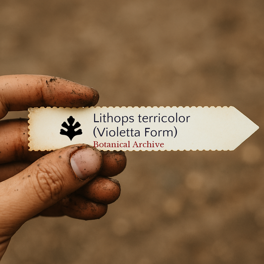 Etichetta per pianta stampata per Lithops terricolor con forma Violetta tenuta da mano sporca