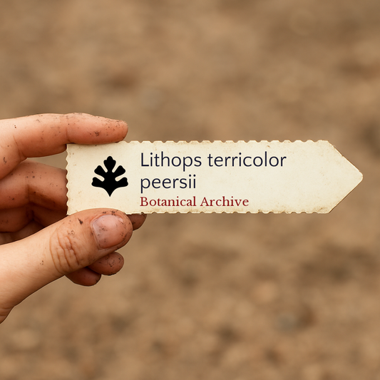Etichetta stampata portatile per piante Lithops terricolor peersii con logo Botanical Archive