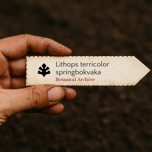 Etichetta per piante stampata per Lithops terricolor springbokvaka su sfondo di terreno