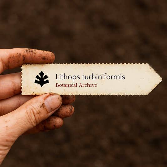 Etichetta stampata per pianta di Lithops turbiniformis tenuta da mano sporca su sfondo di terreno