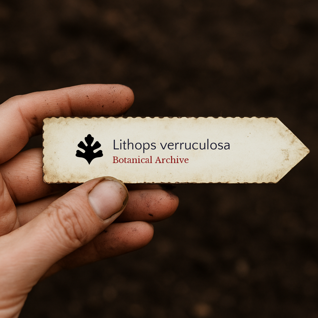 Etichetta per pianta stampata per Lithops verruculosa tenuta a mano su sfondo di terreno