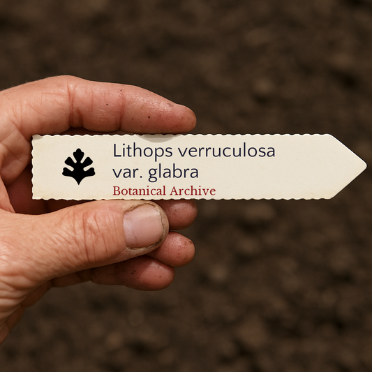 Etichetta stampata per pianta Lithops verruculosa var. glabra tenuta sopra uno sfondo di terra