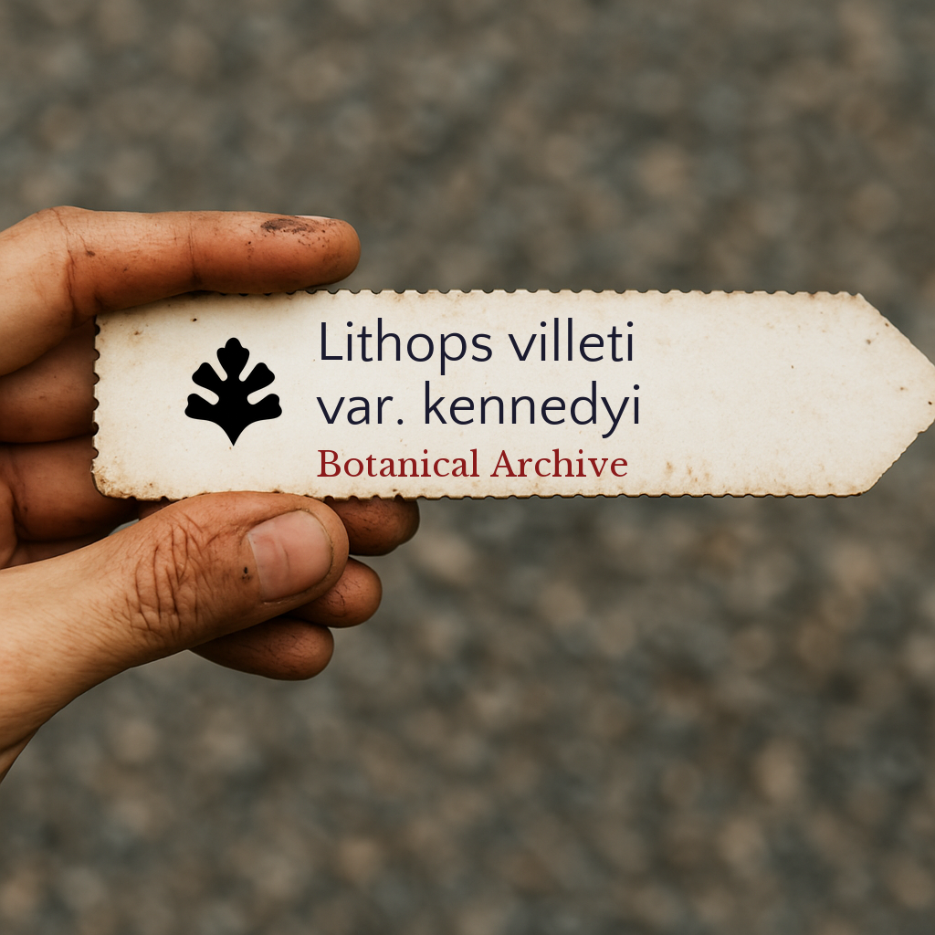 Etichetta stampata per pianta Lithops villeti var. kennedyi tenuta a mano con sfondo sfocato