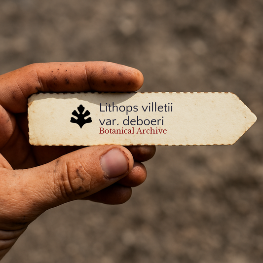 Etichetta per pianta stampata per Lithops villetii var. deboeri tenuta in mano all'aperto