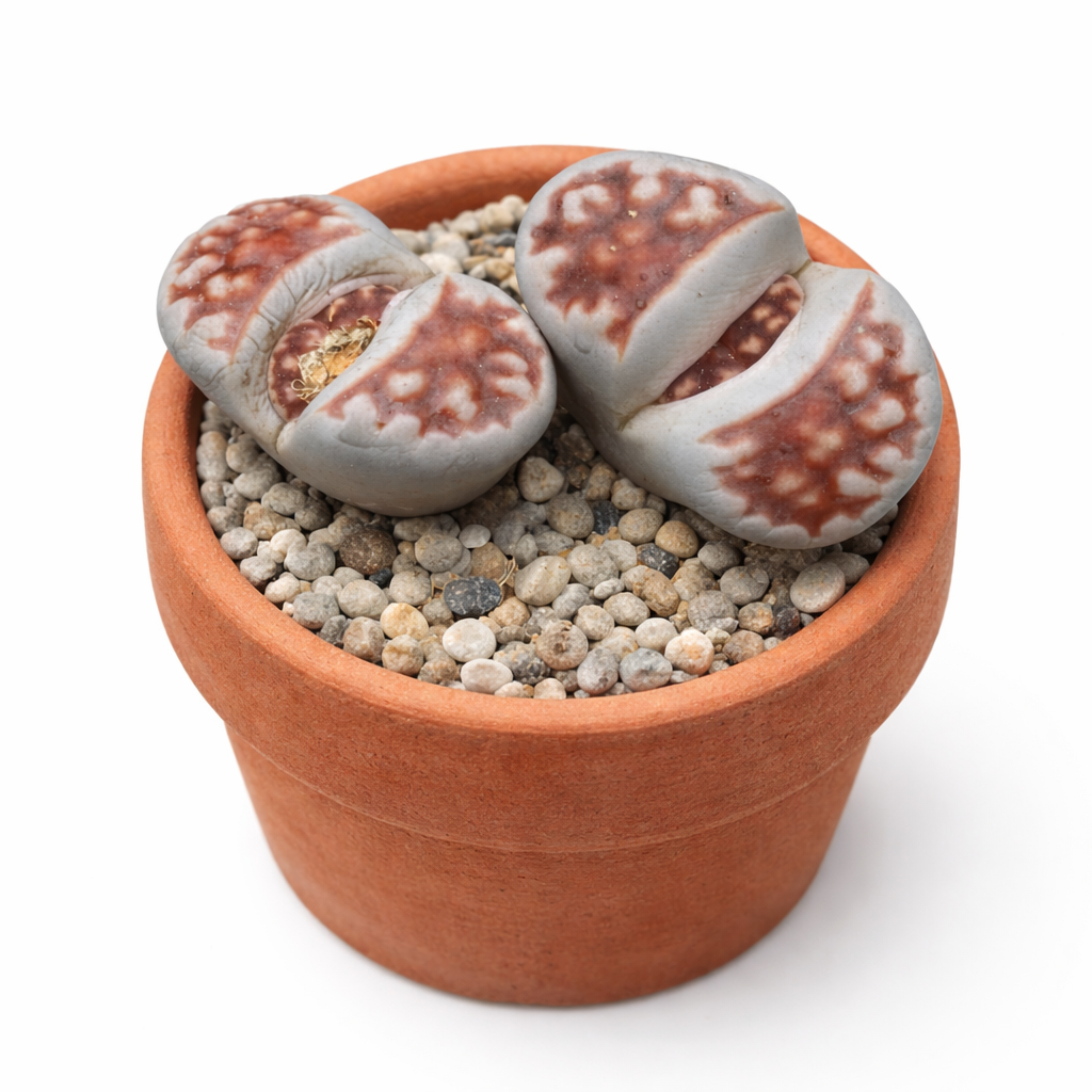 Lithops karasmontana ssp. karasmontana v. karasmontana raro succulenta con foglie a ciottolo marrone con motivo in vaso di terracotta