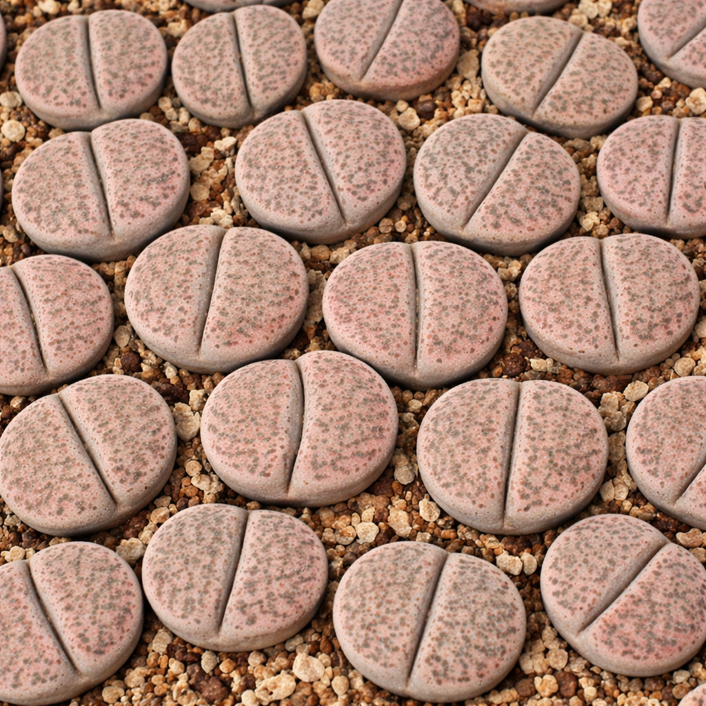 Piante grasse Lithops terricolor con foglie arrotondate e divise e superfici maculate rosa-grigio su ghiaia