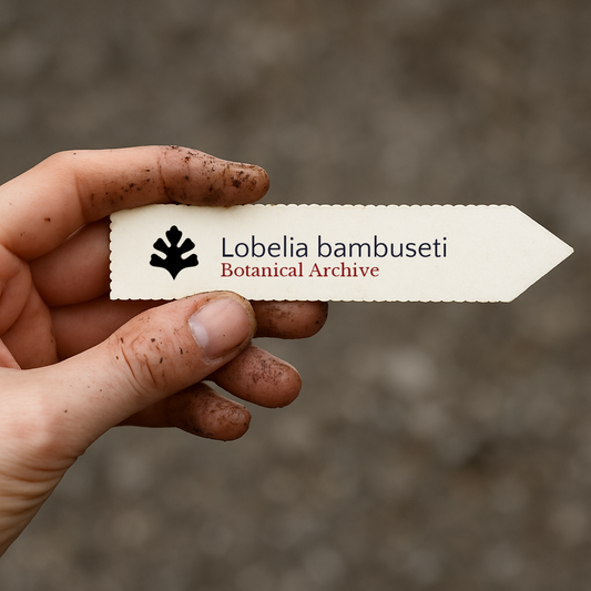 Printed plant label for Lobelia bambuseti held by dirty hand outdoors