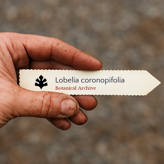 Printed plant label for Lobelia coronopifolia held by a dirt-covered hand outdoors