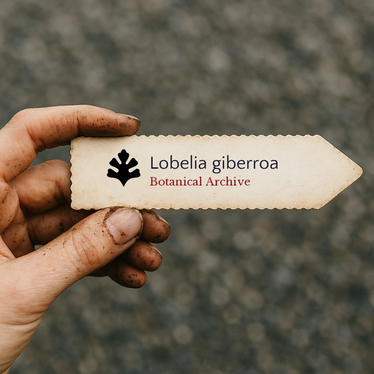 Printed plant label for Lobelia giberroa held by dirty hand with blurred background