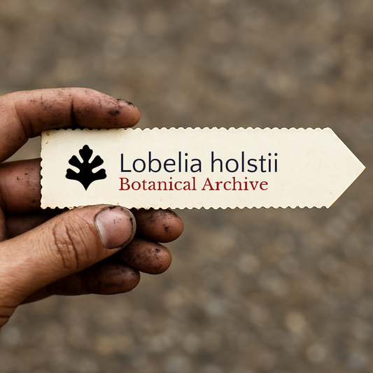 Printed plant label for Lobelia holstii held by dirty hand with blurred background