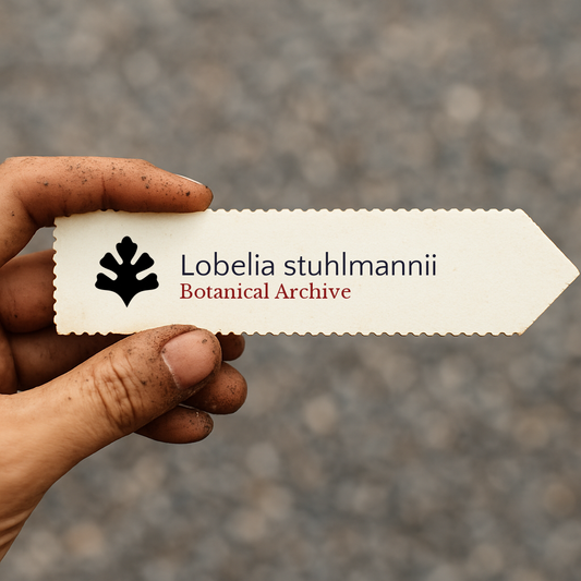 Printed plant label for Lobelia stuhlmannii held by dirty hand against blurred background