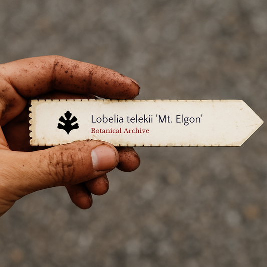 Printed plant label for Lobelia telekii 'Mt. Elgon' held in dirty hand outdoors