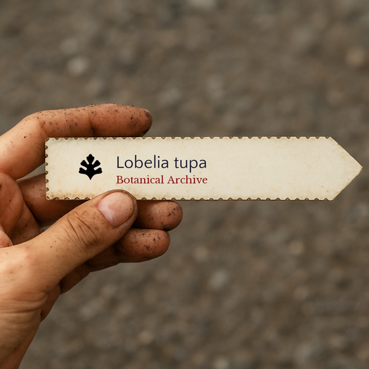 Handheld vintage botanical plant label for Lobelia tupa with decorative edges