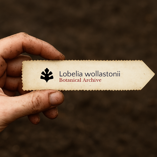 Printed plant label for Lobelia wollastonii held over soil background
